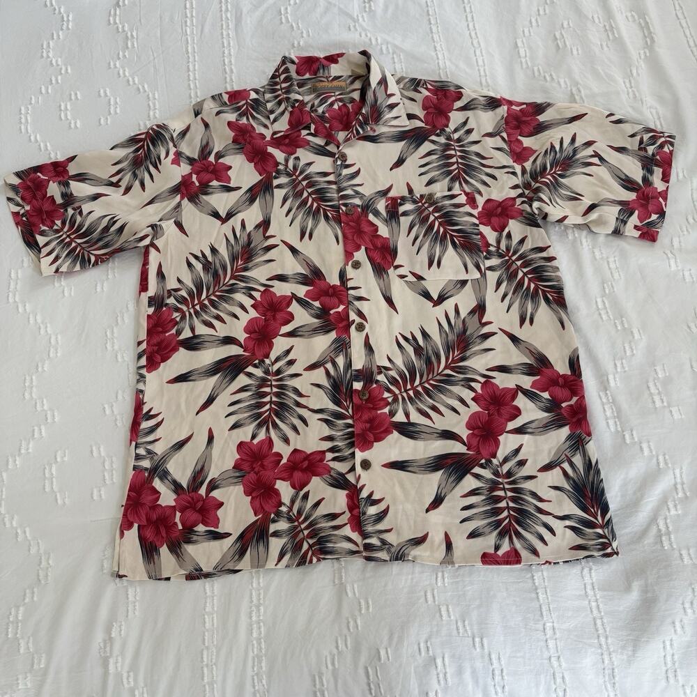 Bobby Chan 100% Silk Hawaiian Shirt Mens L Red Floral Tropical Camp Aloha